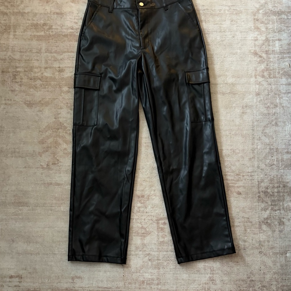Black Faux Leather Cargo Pants
